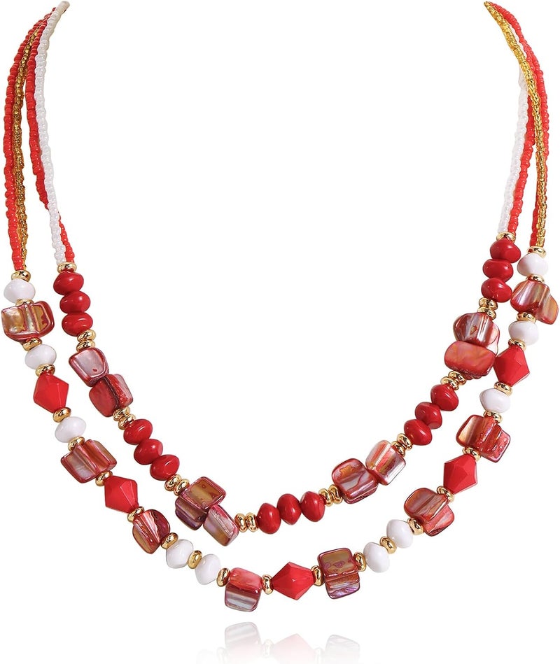 Coiris Layered Shell Beaded Necklaces for Women Handmade Boho Colored Bead Choker Necklace Holiday Style Costume Jewelry for Women - Image 1